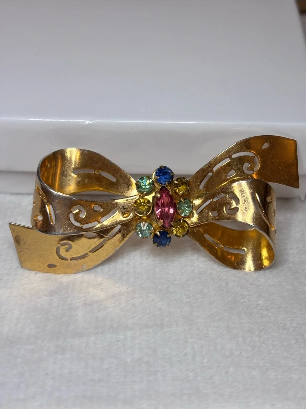 Vintage Signed Coro Rhinestone Bow Brooch Multicolor Gold Tone